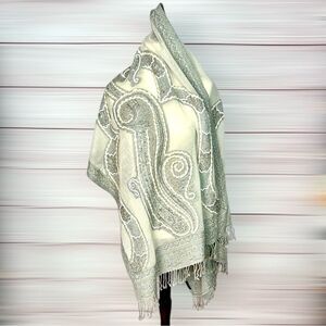 Wool Embroidered Paisley Shawl Wrap in Gray and Cream with Sequins